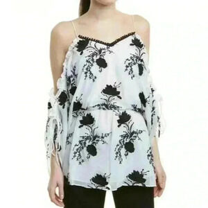 Alice+Olivia Holden Embroidered Draped Cold Shoulder Blouse Top Off White/Black